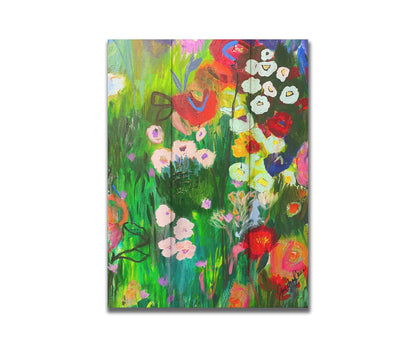 An abstract painting of a vibrant garden, simplified with flat colors and shapes. Printed on a box board.