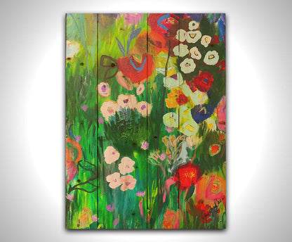 An abstract painting of a vibrant garden, simplified with flat colors and shapes. Printed on a wood pallet.