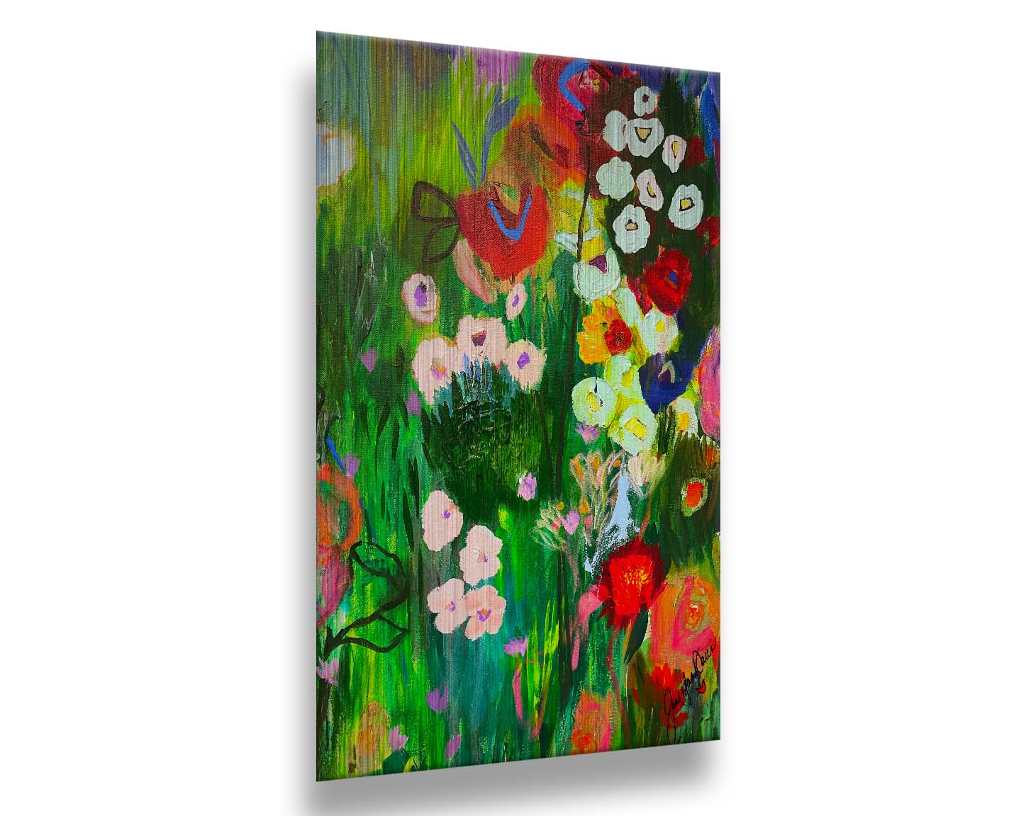 An abstract painting of a vibrant garden, simplified with flat colors and shapes. Printed on metal.