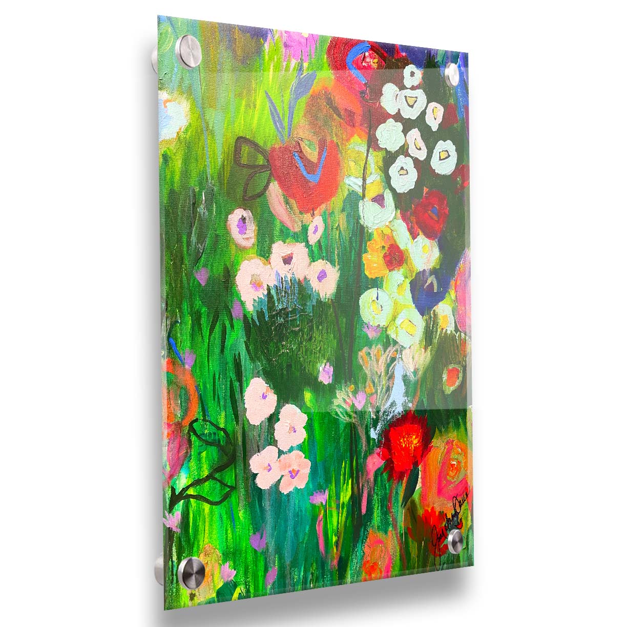 An abstract painting of a vibrant garden, simplified with flat colors and shapes. Printed on acrylic.