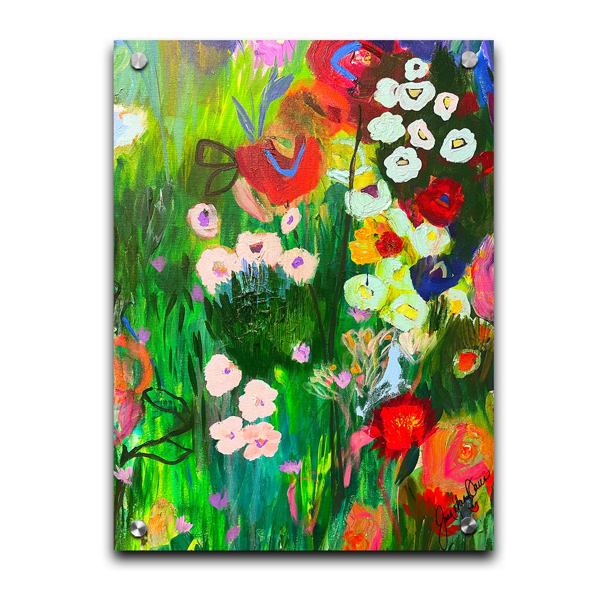 An abstract painting of a vibrant garden, simplified with flat colors and shapes. Printed on acrylic.