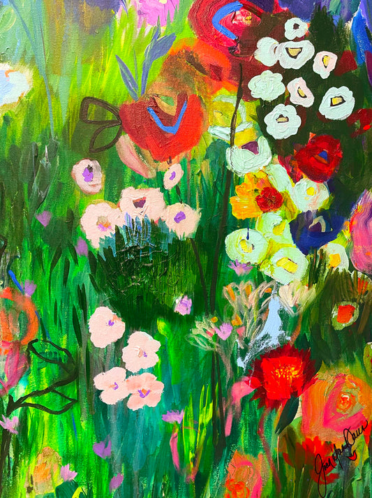 An abstract painting of a vibrant garden, simplified with flat colors and shapes.