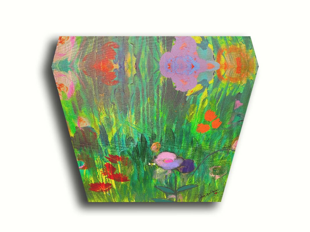 An abstract painting of a vibrant garden, simplified with flat colors and shapes. Printed on canvas.