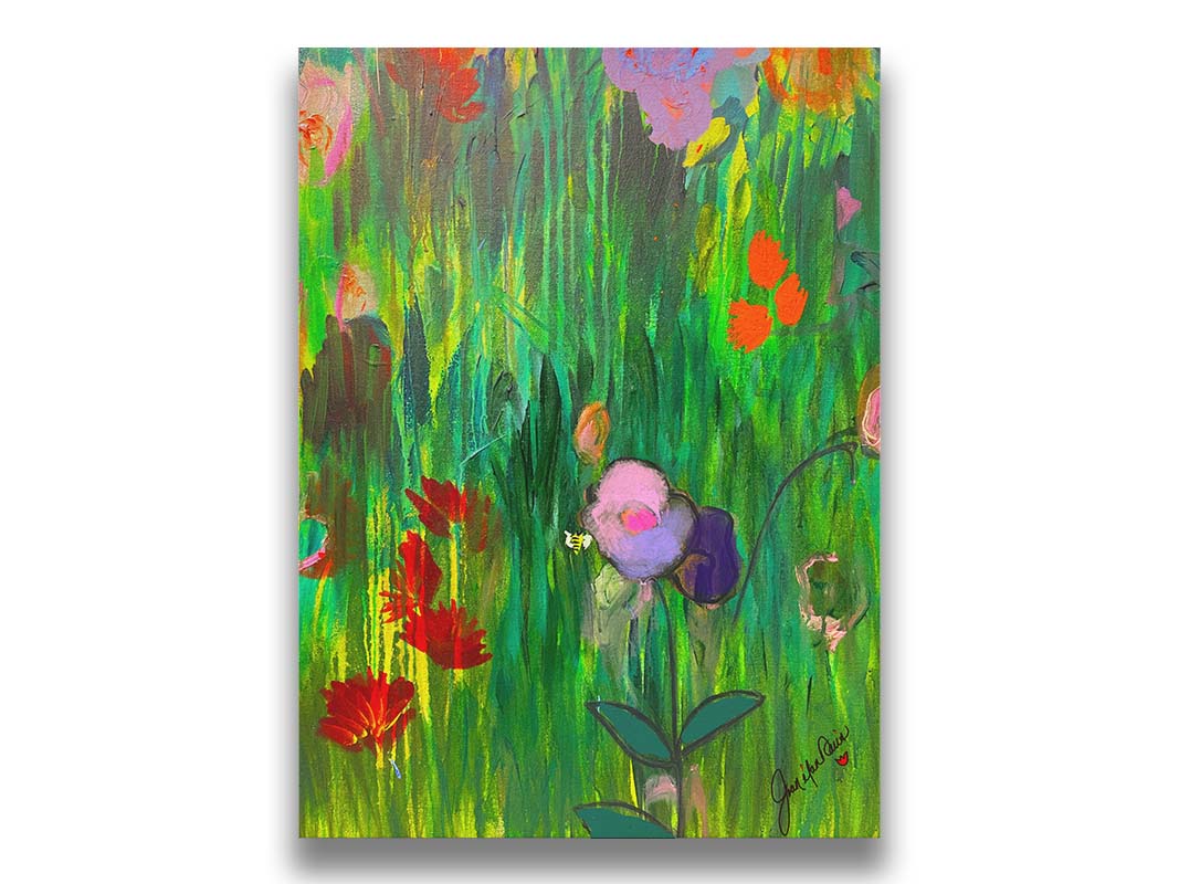 An abstract painting of a vibrant garden, simplified with flat colors and shapes. Printed on canvas.