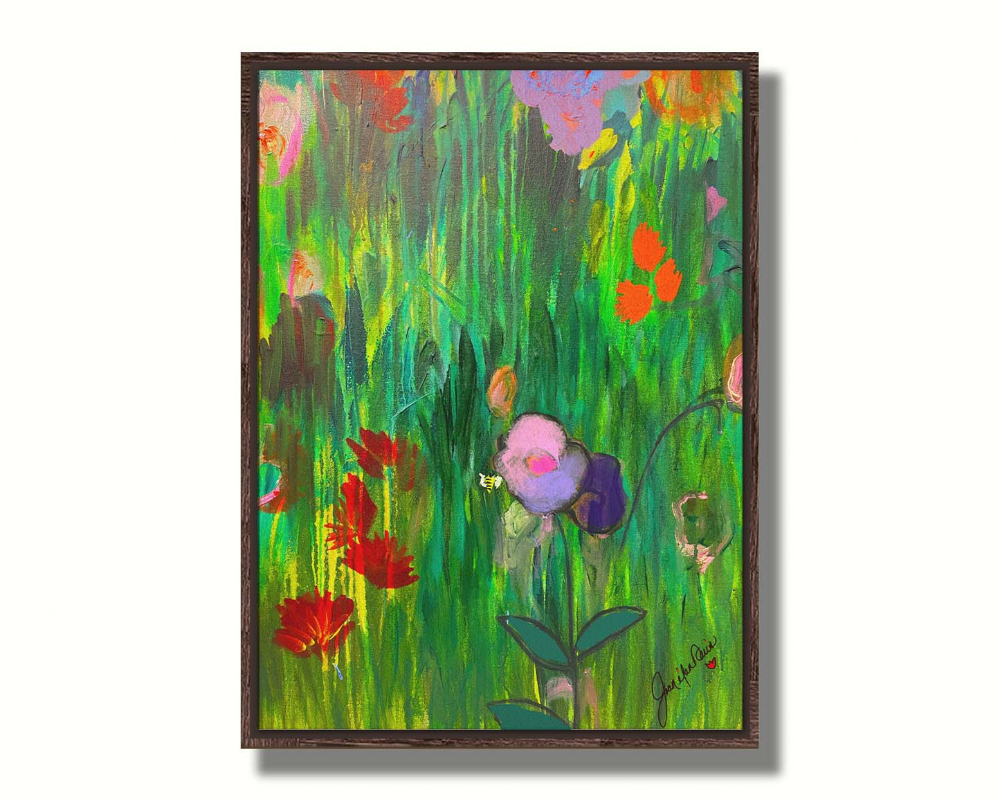 An abstract painting of a vibrant garden, simplified with flat colors and shapes. Printed on canvas in a float frame.