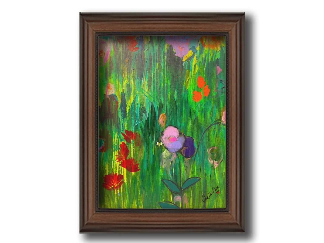 An abstract painting of a vibrant garden, simplified with flat colors and shapes. Printed on canvas and framed.