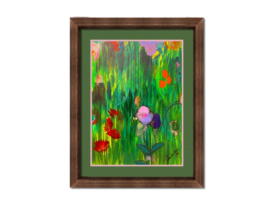 An abstract painting of a vibrant garden, simplified with flat colors and shapes. Printed on paper, matted, and framed.