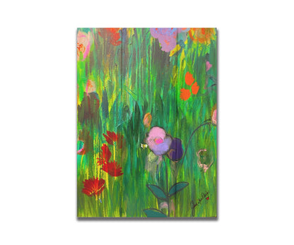 An abstract painting of a vibrant garden, simplified with flat colors and shapes. Printed on a box board.