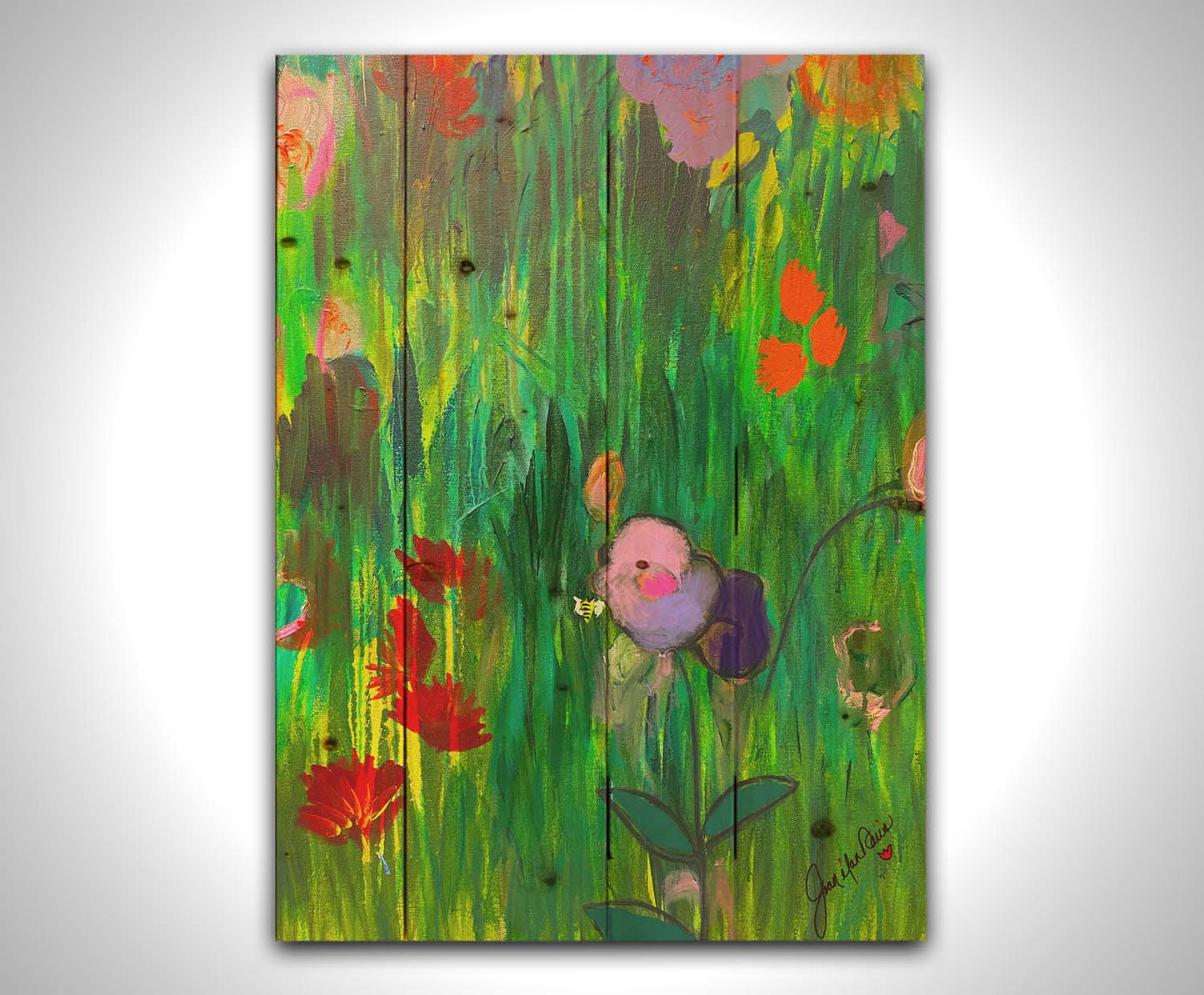 An abstract painting of a vibrant garden, simplified with flat colors and shapes. Printed on a wood pallet.