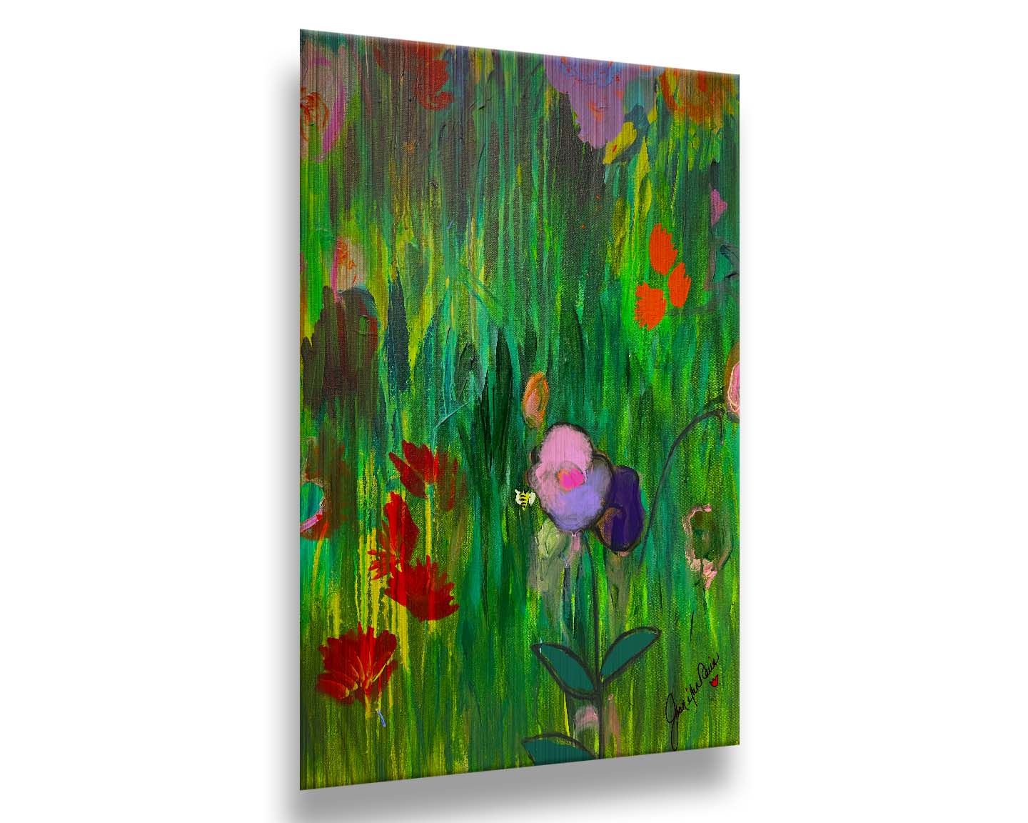 An abstract painting of a vibrant garden, simplified with flat colors and shapes. Printed on metal.