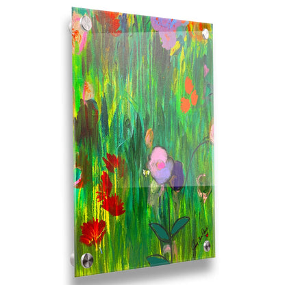 An abstract painting of a vibrant garden, simplified with flat colors and shapes. Printed on acrylic.