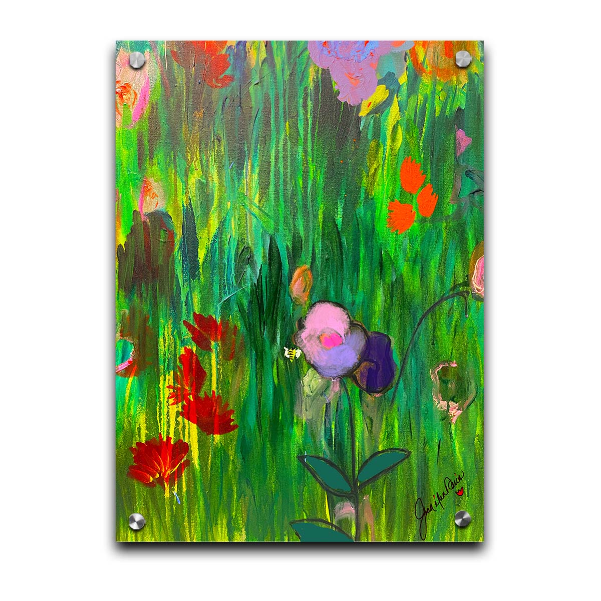 An abstract painting of a vibrant garden, simplified with flat colors and shapes. Printed on acrylic.