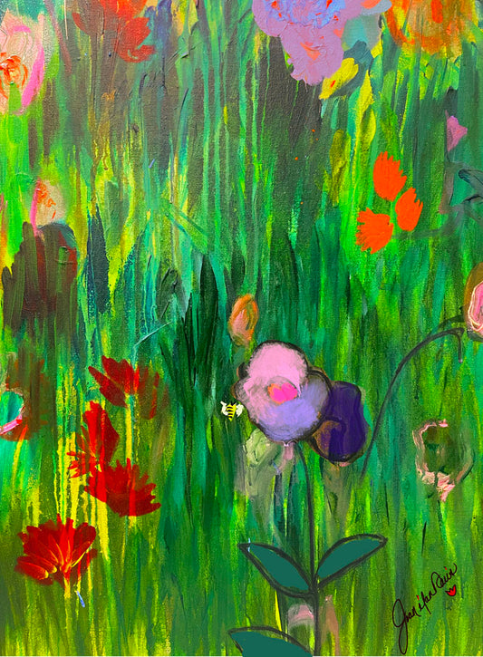 An abstract painting of a vibrant garden, simplified with flat colors and shapes.