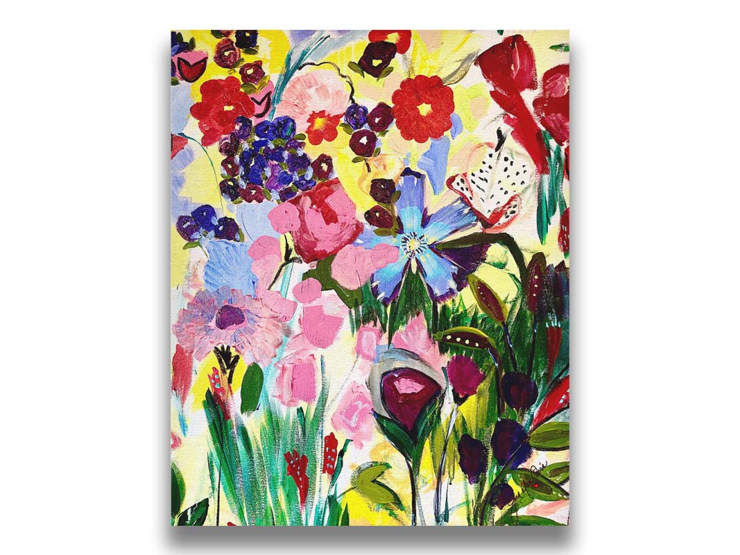 An abstract painting of a vibrant garden, simplified with flat colors and shapes. Petals in purple, red, pink, blue, and more contrast against a pale yellow background. Printed on canvas.