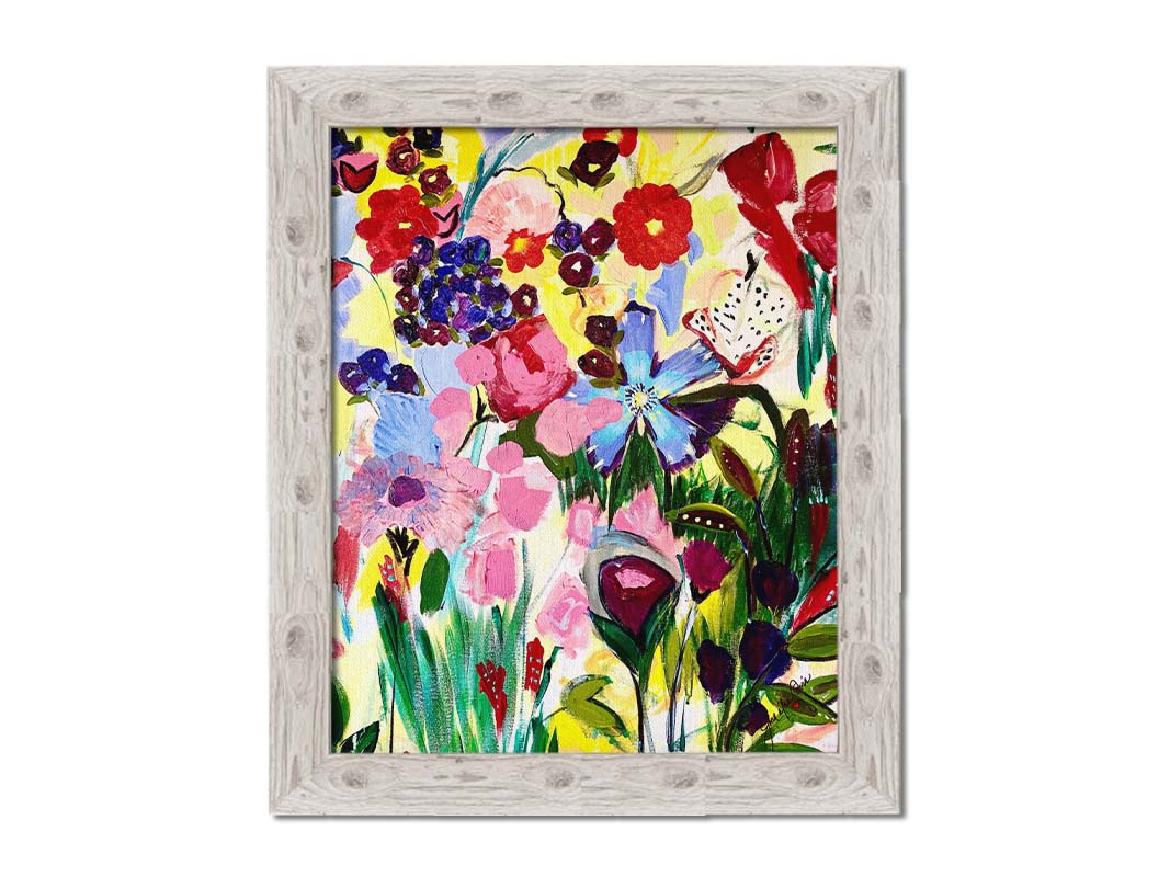 An abstract painting of a vibrant garden, simplified with flat colors and shapes. Petals in purple, red, pink, blue, and more contrast against a pale yellow background. Printed on canvas and framed.