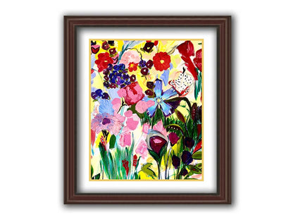 An abstract painting of a vibrant garden, simplified with flat colors and shapes. Petals in purple, red, pink, blue, and more contrast against a pale yellow background. Printed on paper, matted, and framed.