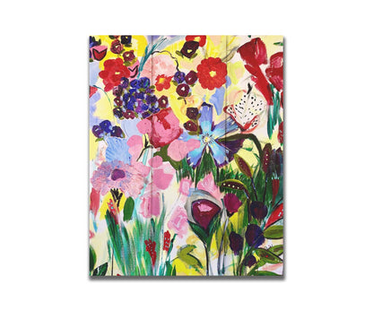 An abstract painting of a vibrant garden, simplified with flat colors and shapes. Petals in purple, red, pink, blue, and more contrast against a pale yellow background. Printed on a box board.