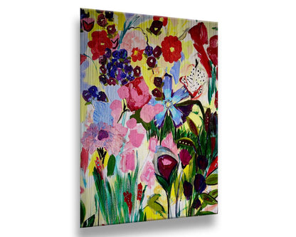 An abstract painting of a vibrant garden, simplified with flat colors and shapes. Petals in purple, red, pink, blue, and more contrast against a pale yellow background. Printed on metal.