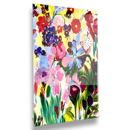 An abstract painting of a vibrant garden, simplified with flat colors and shapes. Petals in purple, red, pink, blue, and more contrast against a pale yellow background. Printed on acrylic.