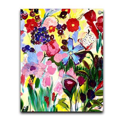 An abstract painting of a vibrant garden, simplified with flat colors and shapes. Petals in purple, red, pink, blue, and more contrast against a pale yellow background. Printed on acrylic.