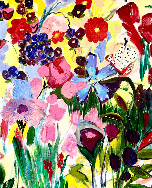 An abstract painting of a vibrant garden, simplified with flat colors and shapes. Petals in purple, red, pink, blue, and more contrast against a pale yellow background.