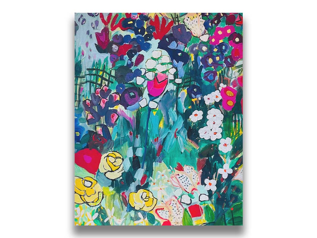 An abstract painting of a deep blue and green garden, accented by bright pinks and yellows, utilizing simplified shaped and flat colors. Printed on canvas.