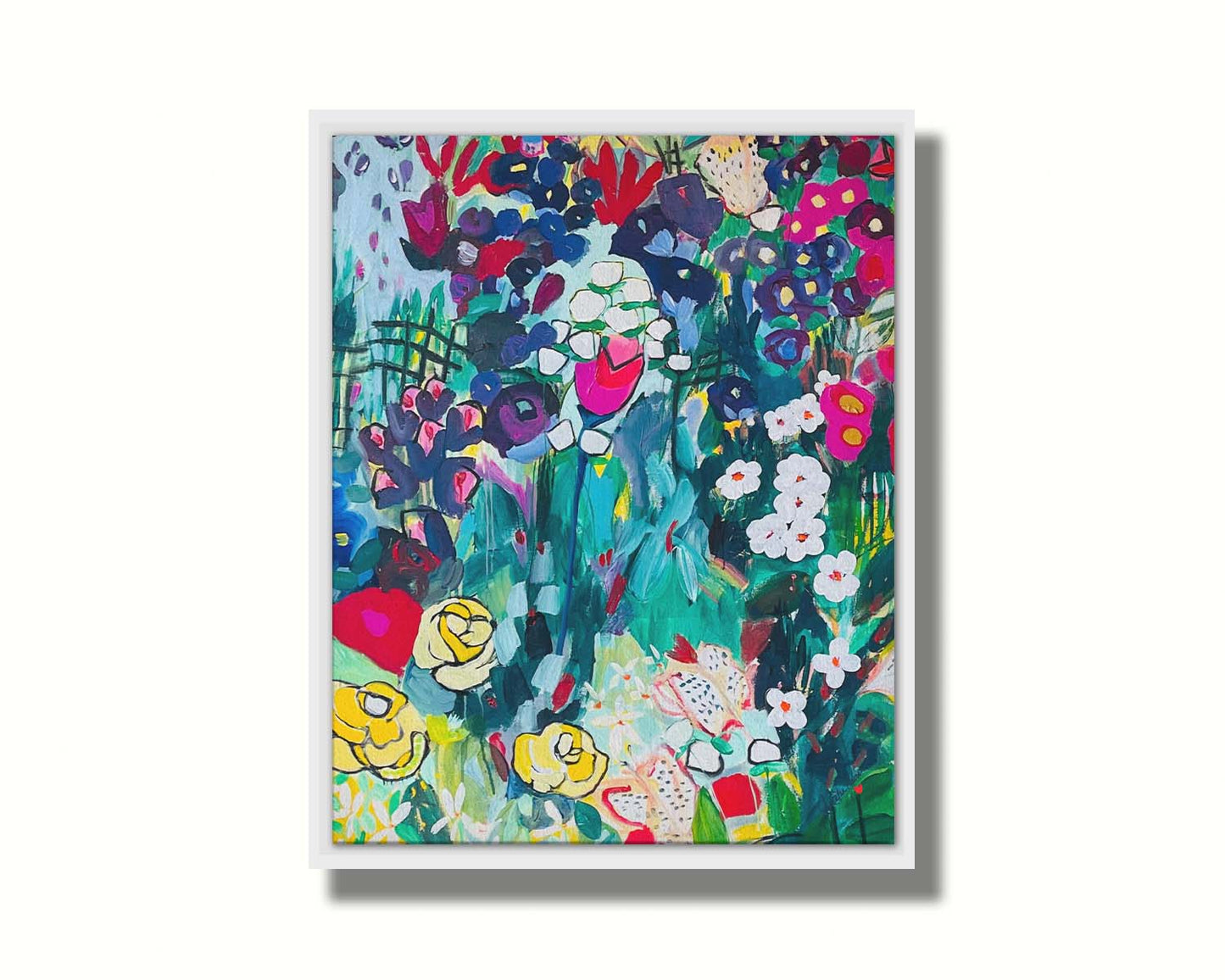 An abstract painting of a deep blue and green garden, accented by bright pinks and yellows, utilizing simplified shaped and flat colors. Printed on canvas in a float frame.