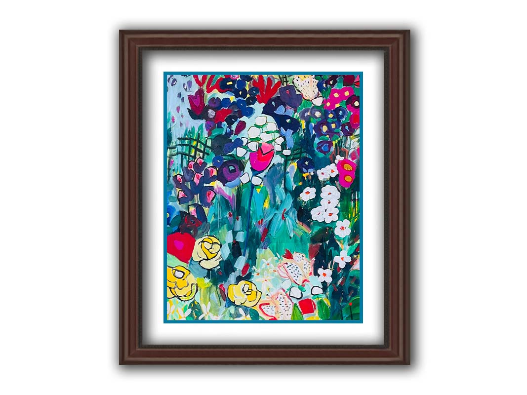 An abstract painting of a deep blue and green garden, accented by bright pinks and yellows, utilizing simplified shaped and flat colors. Printed on paper, matted, and framed.