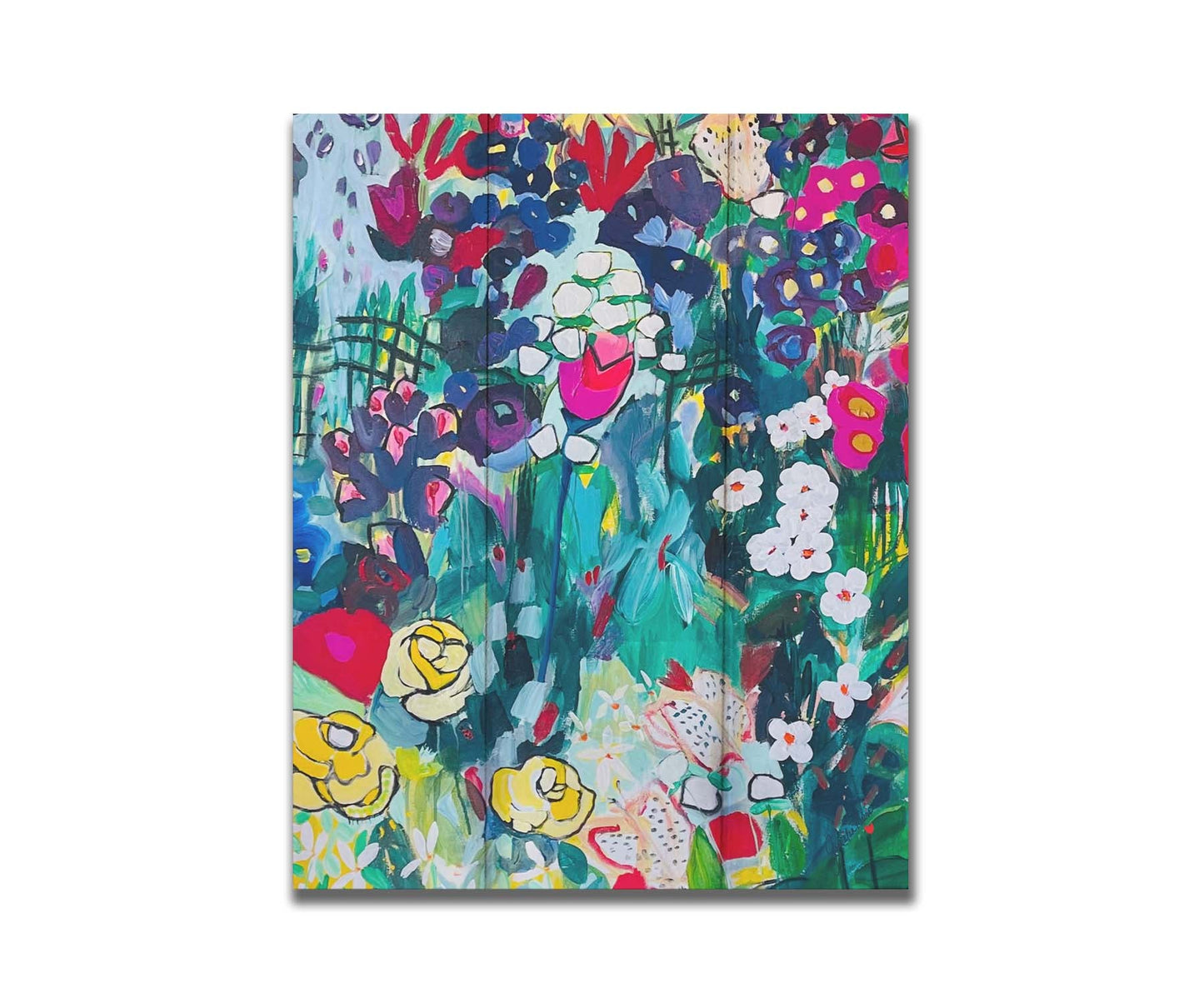 An abstract painting of a deep blue and green garden, accented by bright pinks and yellows, utilizing simplified shaped and flat colors. Printed on a box board.