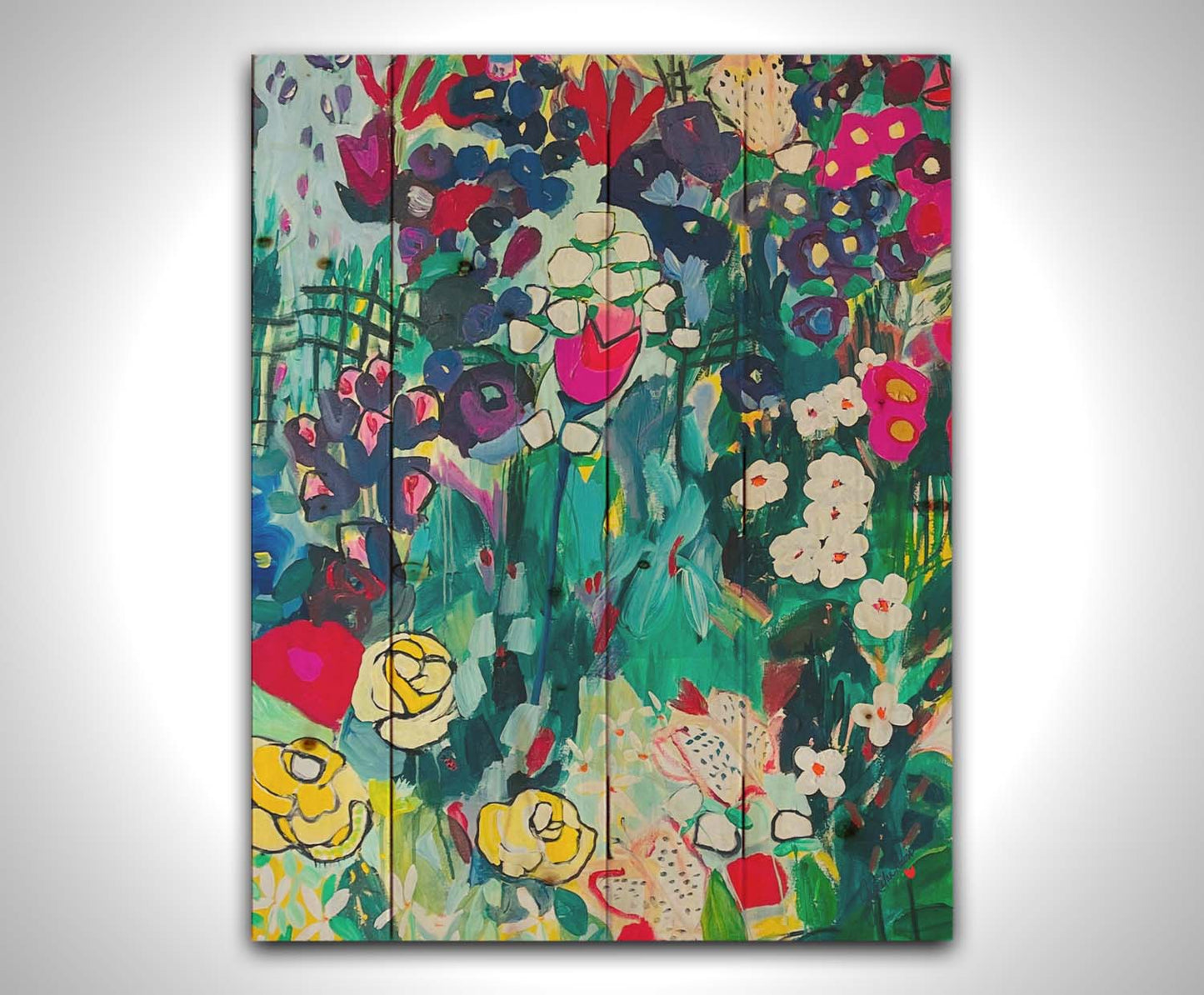 An abstract painting of a deep blue and green garden, accented by bright pinks and yellows, utilizing simplified shaped and flat colors. Printed on a wood pallet.