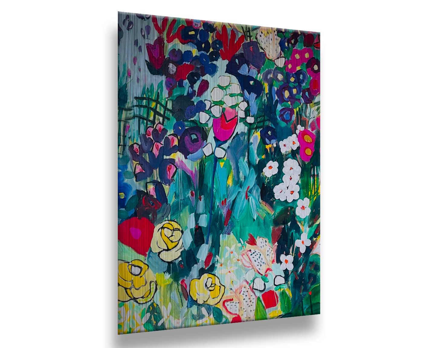 An abstract painting of a deep blue and green garden, accented by bright pinks and yellows, utilizing simplified shaped and flat colors. Printed on metal.