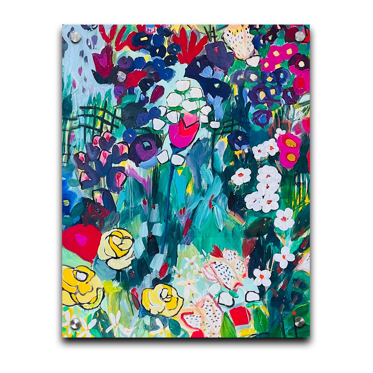 An abstract painting of a deep blue and green garden, accented by bright pinks and yellows, utilizing simplified shaped and flat colors. Printed on acrylic.