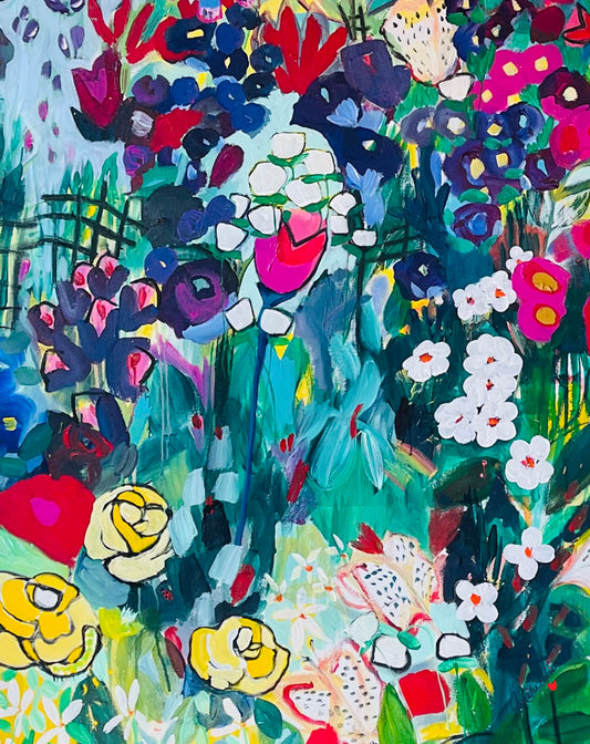 An abstract painting of a deep blue and green garden, accented by bright pinks and yellows, utilizing simplified shaped and flat colors. 