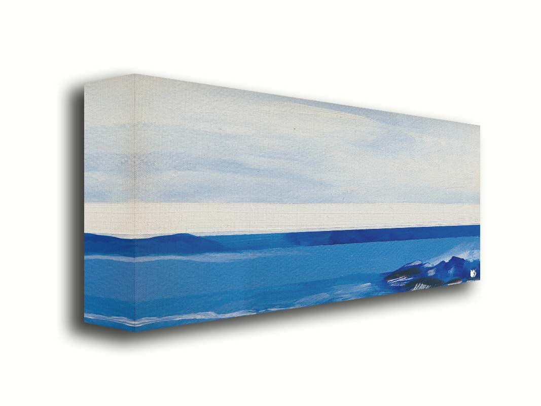 An abstract painting of white and blue lines and shapes, giving the impression of the sea. Printed on canvas.