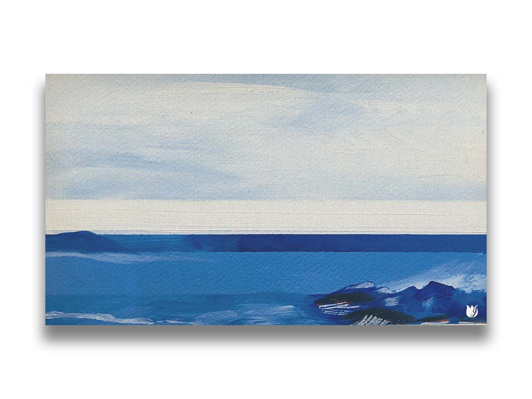 An abstract painting of white and blue lines and shapes, giving the impression of the sea. Printed on canvas.