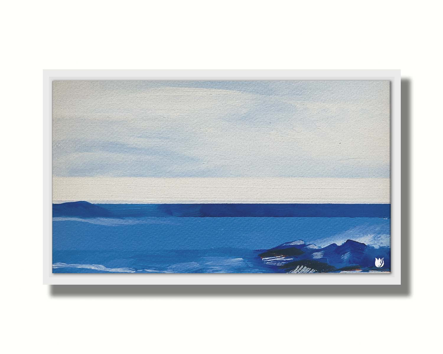 An abstract painting of white and blue lines and shapes, giving the impression of the sea. Printed on canvas in a float frame.