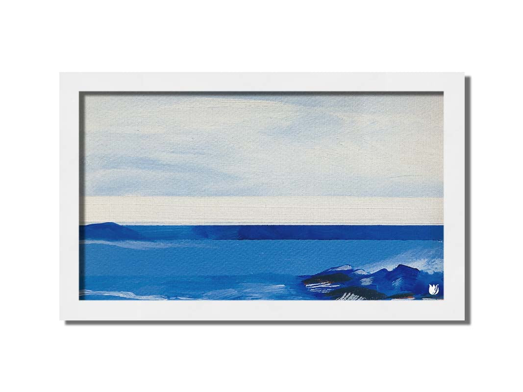 An abstract painting of white and blue lines and shapes, giving the impression of the sea. Printed on canvas and framed.