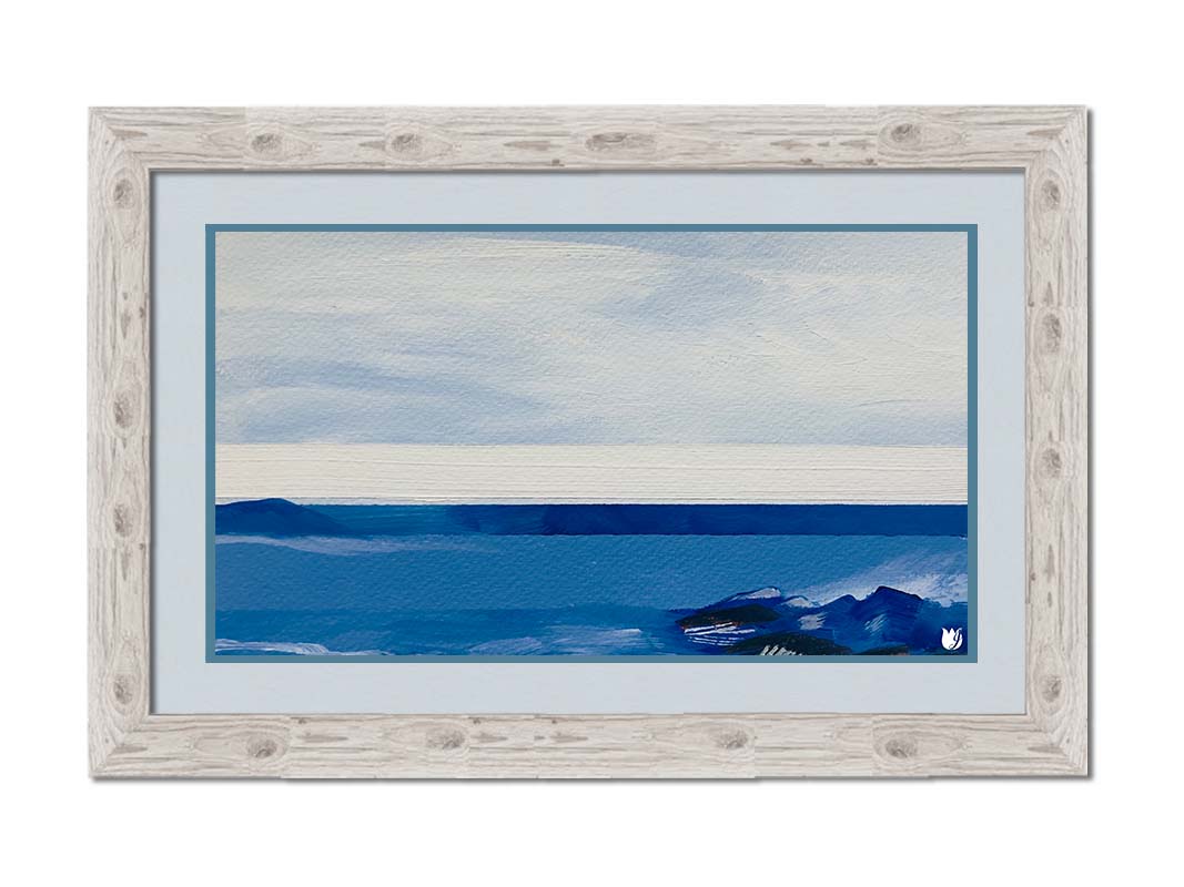 An abstract painting of white and blue lines and shapes, giving the impression of the sea. Printed on paper, matted, and framed.