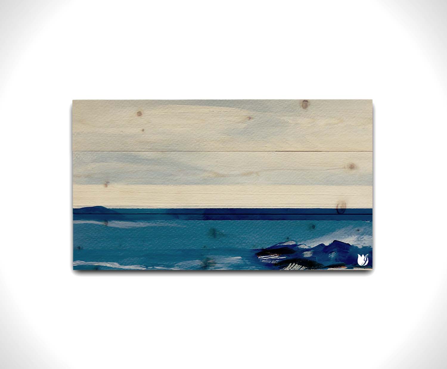 An abstract painting of white and blue lines and shapes, giving the impression of the sea. Printed on a wood pallet.