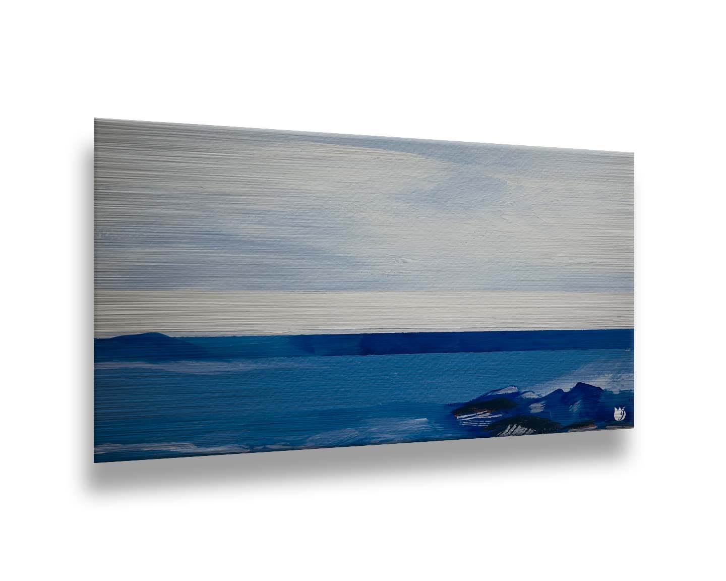 An abstract painting of white and blue lines and shapes, giving the impression of the sea. Printed on metal.