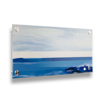 An abstract painting of white and blue lines and shapes, giving the impression of the sea. Printed on acrylic.