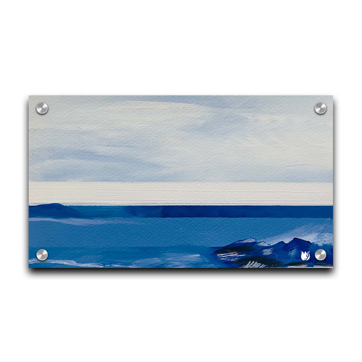 An abstract painting of white and blue lines and shapes, giving the impression of the sea. Printed on acrylic.