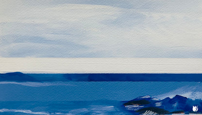 An abstract painting of white and blue lines and shapes, giving the impression of the sea. 