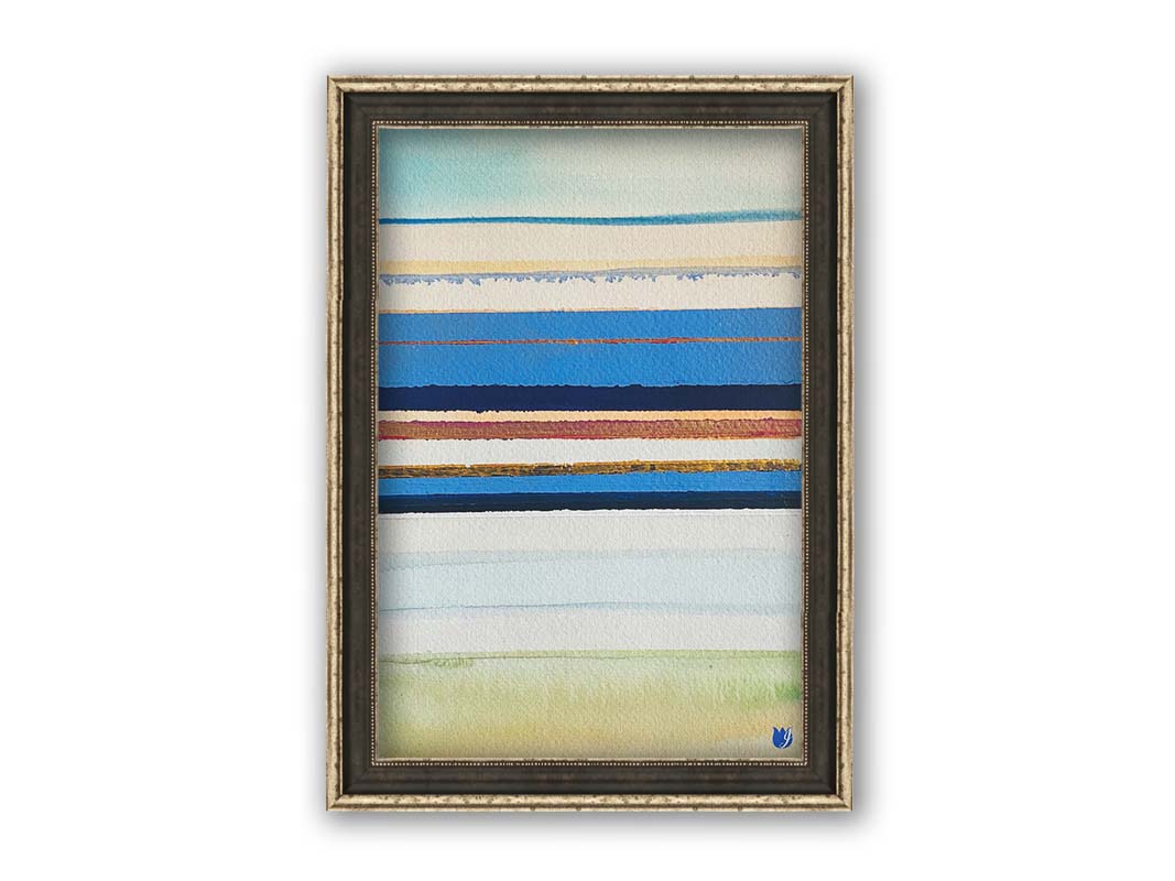 An abstract painting aranging blue, white, yellow, and gold horizontal lines. The arrangement suggests the feeling of a shoreline. Printed on canvas and framed.