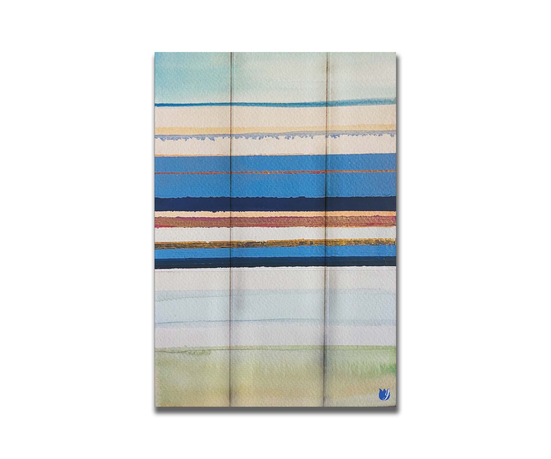 An abstract painting aranging blue, white, yellow, and gold horizontal lines. The arrangement suggests the feeling of a shoreline. Printed on a box board.