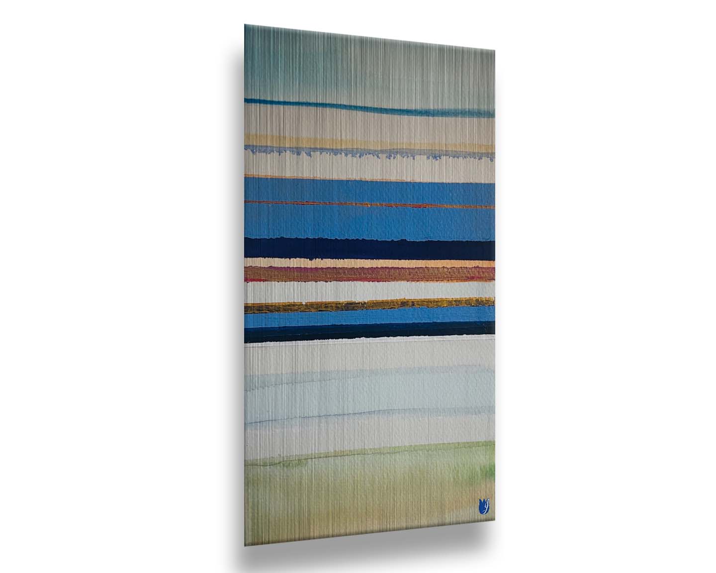 An abstract painting aranging blue, white, yellow, and gold horizontal lines. The arrangement suggests the feeling of a shoreline. Printed on metal.