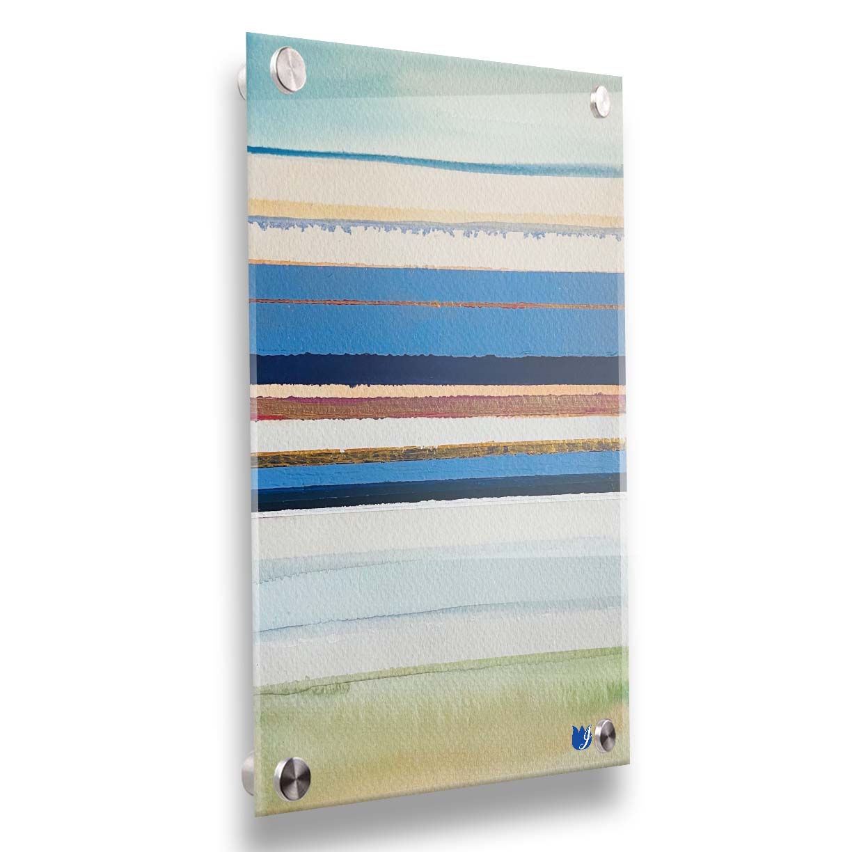 An abstract painting aranging blue, white, yellow, and gold horizontal lines. The arrangement suggests the feeling of a shoreline. Printed on acrylic.