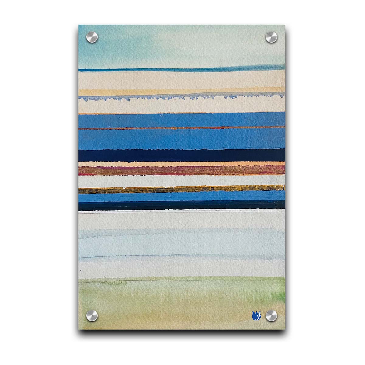 An abstract painting aranging blue, white, yellow, and gold horizontal lines. The arrangement suggests the feeling of a shoreline. Printed on acrylic.