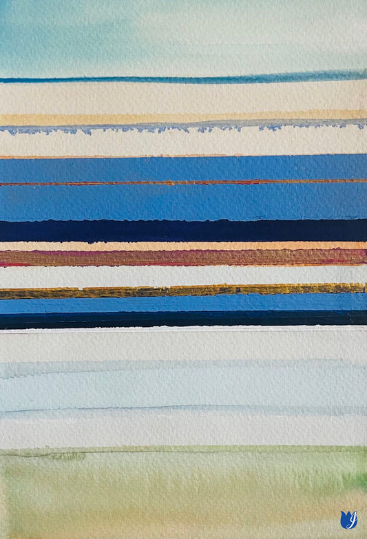 An abstract painting arranging blue, white, yellow, and gold horizontal lines. The arrangement suggests the feeling of a shoreline.
