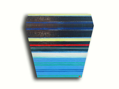 A painting of horizontal strpes in blues, greens, and blacks accented with yellow, red, and white. Printed on canvas.